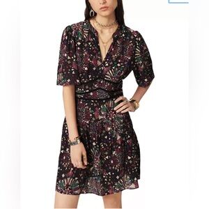 ba&sh Black Floral Print Mini Dress with Pink and Green Accents